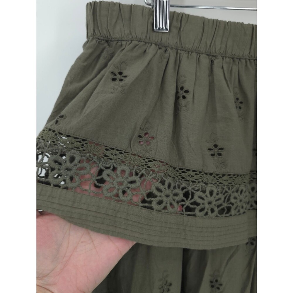 Lucky Brand Tiered Eyelet Skirt Goblincore Green Floral Schiffli Embroidery Boho - Picture 6 of 12